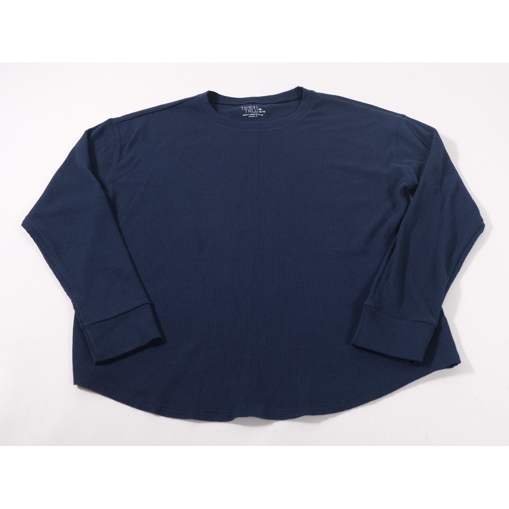 Time And Tru Top Womens XL Blue Waffle Knit Long Sleeve Crew Neck Curved Hem